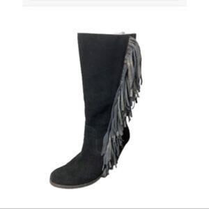 Reba Fringe Black Heeled Boots Size 7.5